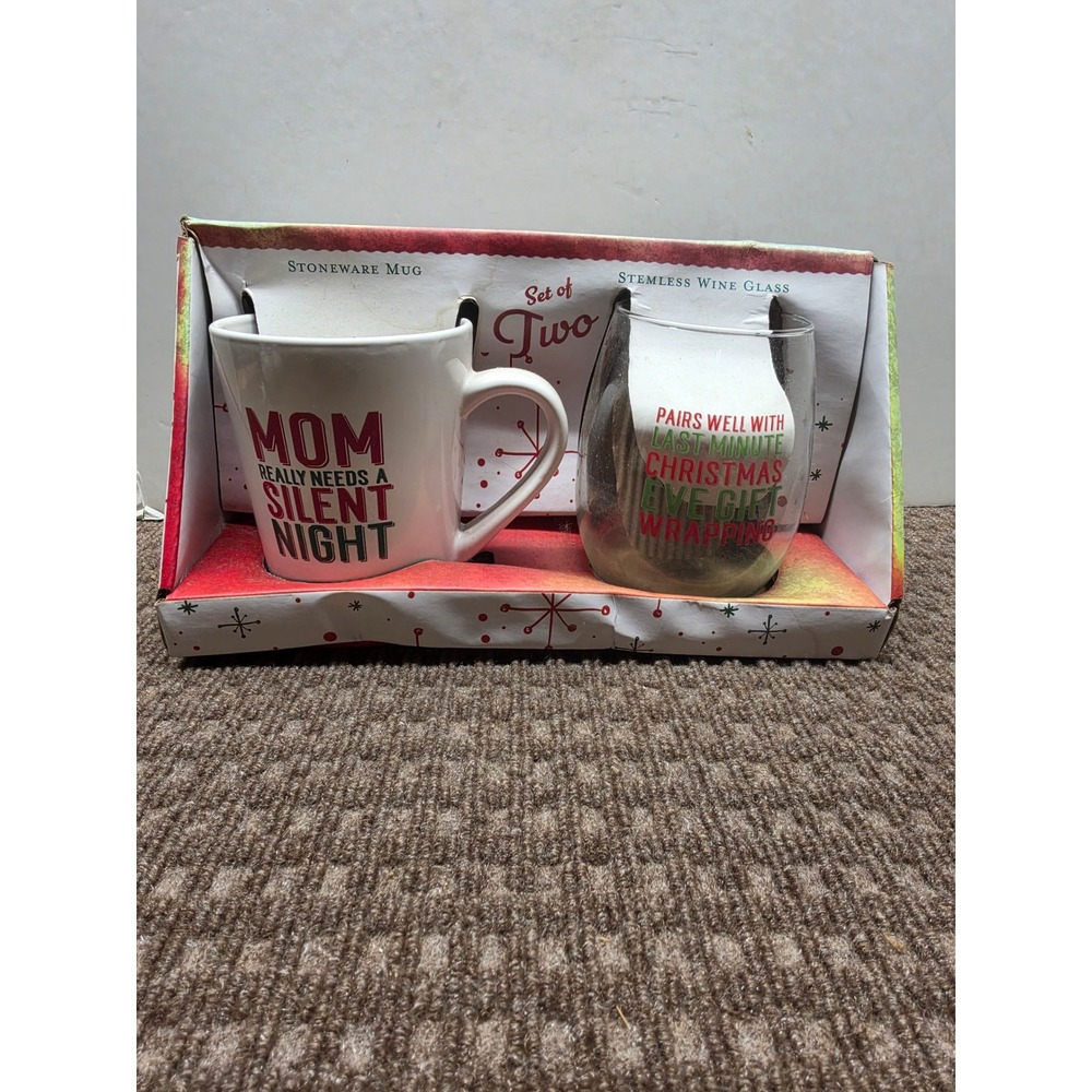 Home Essentials Holiday Mug and Wine Glass Set Mom Needs a Silent Night 2pc